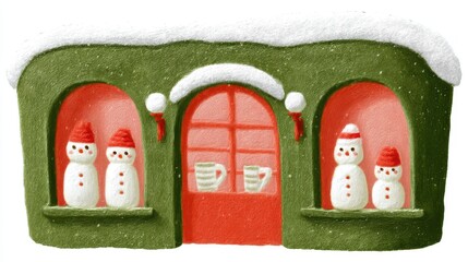 Cute tea cafe front, chalk color, white background, Snowy winter scene with snowmen in a cozy decorated house, in green and orange brick setting