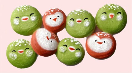 Cute tea cafe front, chalk color, white background, Colorful macarons with cheerful faces on a pastel background, in green and orange brick setting