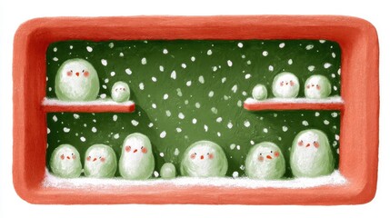 Cute tea cafe front, chalk color, white background, Snowy display of whimsical snowmen in a festive setting, in green and orange brick setting