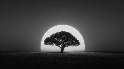 Silhouette of a tree against large moon. Represents tranquility, nature, and mystery. Perfect for backgrounds, editorial, marketing.