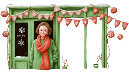 Cute tea cafe front, chalk color, white background, Charming café entrance decorated for winter with a woman wearing a scarf, in green and orange brick setting