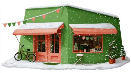 Cute tea cafe front, chalk color, white background, Charming green shop adorned with snow and festive decorations, in green and orange brick setting