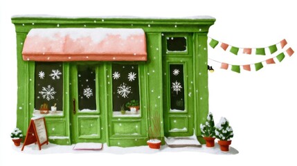 Cute tea cafe front, chalk color, white background, Charming green shop with snowflakes and festive decorations, in green and orange brick setting