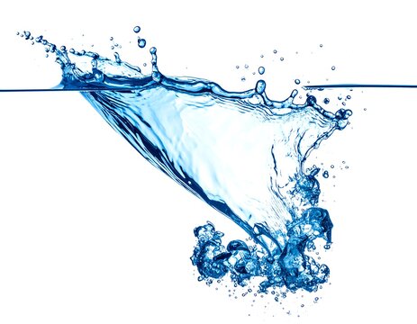 A striking image captures the dynamic moment water crashes, creating a beautiful splash and scattering droplets. Clear blue liquid against a white background