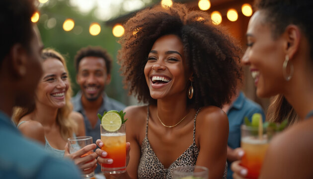 Group of diverse friends laugh and toast cocktails at outdoor backyard party. Black woman smiles widely holding drink with lime. Evening gathering under string lights.