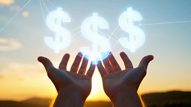 Hands reaching for a dollar sign against a vibrant sunset, symbolizing financial success