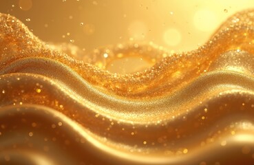 Golden flowing texture background with sparkling particles. Abstract soft waves in gold color create luxurious feel. Elegant shiny backdrop suitable for design, banner, advertisement, or any project.