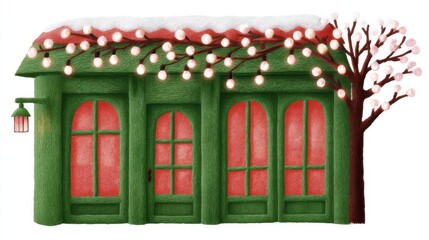 Cute tea cafe front, chalk color, white background, Charming illustrated building adorned with lights and a tree, in green and orange brick setting