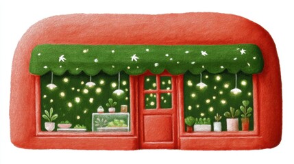 Cute tea cafe front, chalk color, white background, Charming illustrated shop window adorned with plants and lights, in green and orange brick setting