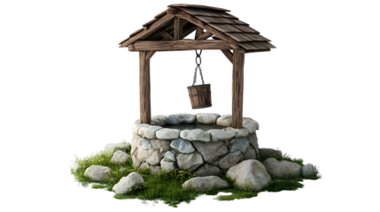 Rustic stone well with wooden roof and bucket in natural setting