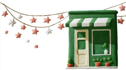 Cute tea cafe front, chalk color, white background, Charming shop with star decorations and a cozy ambiance, in green and orange brick setting
