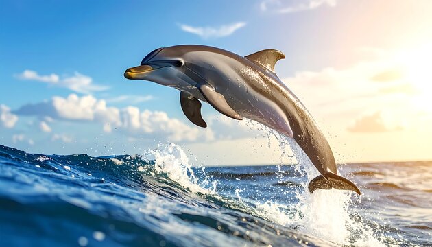 Graceful dolphin leaps from the waves against a bright, sunny sky