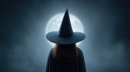 Fototapeta premium Mysterious Witch Silhouette Against Full Moon in Dark Night Sky with Clouds and Eerie Atmosphere for Fantasy and Halloween Themes