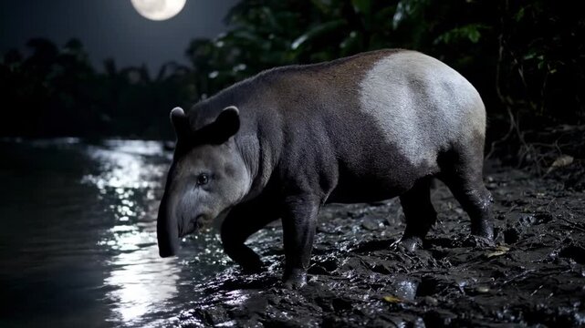 Tapir forages along riverbank in moonlit jungle setting. Dark foliage surrounds wet ground, creating tranquil atmosphere. Concept of wildlife conservation, ecotourism, nature exploration