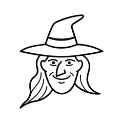 Illustration of a witch the witch is wearing a hat and has long hair the illustration is in black and white and is simple