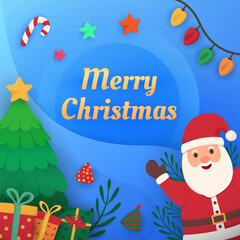 Merry Christmas Greeting Card and Banner Design with Santa Claus, Christmas Tree, Gift Boxes, and Festive Ornaments on Blue Background