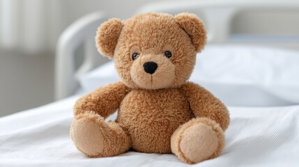 Soft and Cuddly Brown Teddy Bear Sitting on a Bed in a Softly Lit Room, Perfect for Comfort and Baby Photography Concepts