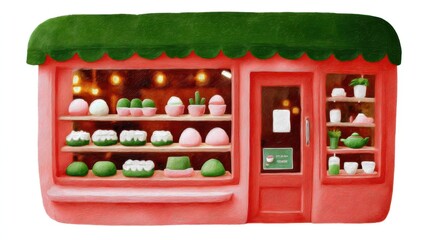 Naklejka premium Cute tea cafe front, chalk color, white background, Colorful dessert shop with various pastries displayed in a window, in green and orange brick setting