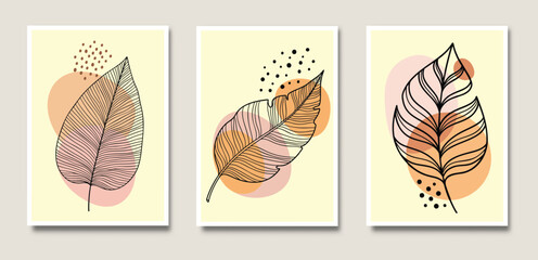 Boho Botanical Line Art Leaf Posters Set of 3, Minimal Abstract Wall Art in Earth Tones