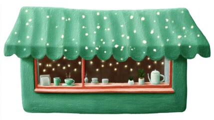 Cute tea cafe front, chalk color, white background, Cozy window display with snow and kitchenware inside, in green and orange brick setting