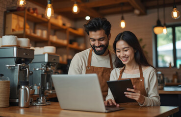 Asian woman and Indian man smile, work on laptop and tablet at their coffee shop. Happy small business owners manage cafe operations, collaborating on daily tasks.