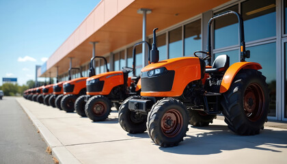 Obraz premium Row orange tractors parked near dealership building on sunny day. New agricultural machines stand ready for work. Modern farming tech available.