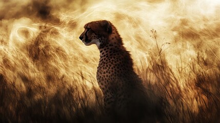 Cheetah sits in grassland with light patterns in the background, possibly for nature content