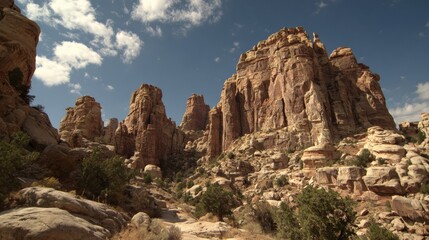 Fototapeta premium Majestic rocky landscape with towering cliffs under bright blue sky