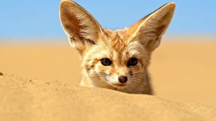 Fox peeks above sandy landscape, displaying alert expression. Bright blue sky enhances warm desert setting. Concept of wildlife exploration, nature observation, animal behavior