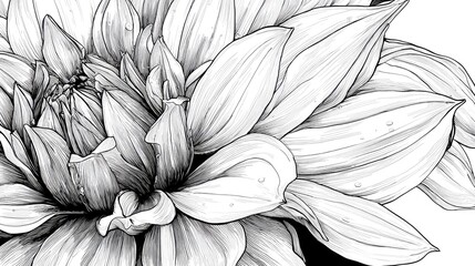 Detailed monochrome drawing of a blooming dahlia flower with intricate petal lines
