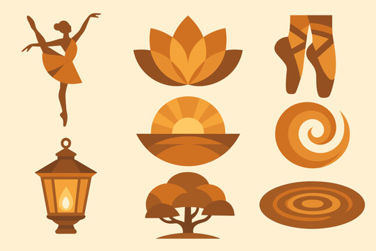 Ballet Icons. Ballet Developpe set of icons in geometric flat vector style ballet dancer silhouette, lotus blossom, sunrise glow, pointe shoes, flowing spiral, glowing lantern