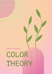 Colorful gradient background in pink and green. Abstract Poster with botanical element
