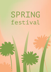 Gradient background in peach and green. Vector poster in with flowers and Spring Festival text