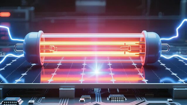 Close-up visualization of red-hot tungsten emitter transferring infrared radiation to a thermophotovoltaic cell, generating visible electric arcs across circuitry advanced energy conversion technology