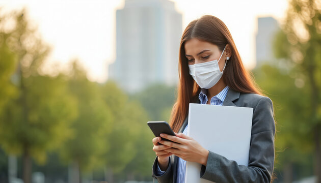 Professional young woman wearing face mask outdoors. Businesswoman in suit holding documents texting on smartphone. Female person connected with mobile phone during pandemic in city.