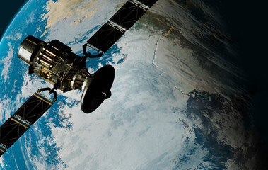 Satellite in Space passing planet, 3D animation