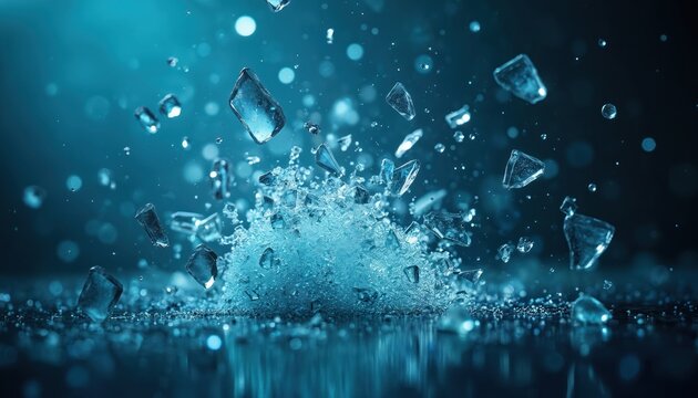 Shattered glass on blue background. Glass pieces flying through air. Light blue bokeh effect. Ice cubes shattering. Water droplets, particles splashing. Dark blue gradient backdrop. Abstract texture