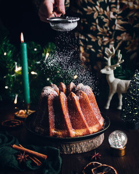 Festive bundt cake with powdered sugar dusting