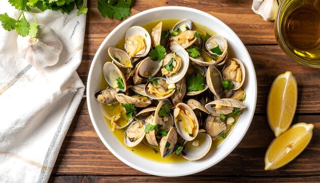 Am&ecirc;ijoas &agrave; Bulh&atilde;o Pato Portuguese Clams Overhead White Bowl