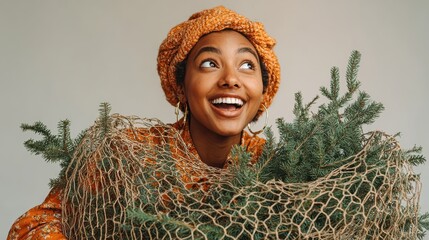 anticipation of happy holidays joyful african american woman holds bought evergreen fir tree wrapped in net has upbeat mood on new year eve sings favorite song and has fun returns from xmas makret no