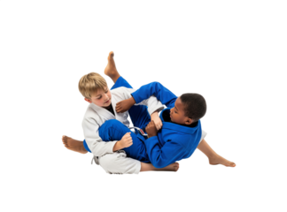 Kids sparring in Brazilian jiu-jitsu wearing blue and white gi isolated PNG

Children training ground fighting technique in BJJ on transparent background