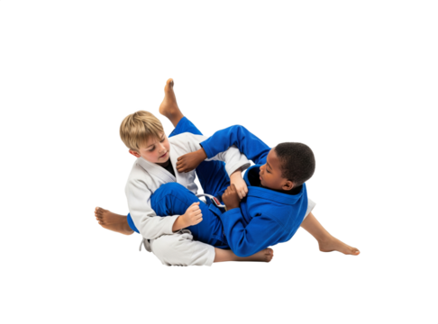 Kids sparring in Brazilian jiu-jitsu wearing blue and white gi isolated PNG
Children training ground fighting technique in BJJ on transparent background