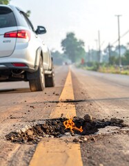 Road pothole on highway with fire