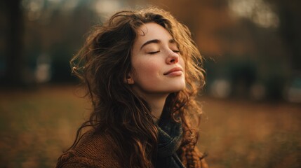 Naklejka premium beautiful young woman relaxing at park during autumn season with closed eyes happy free natural girl breathing deeply in park with foliage in background pretty woman expressing freedom outdoor no log