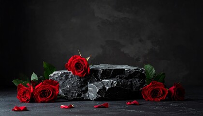 A striking image showcases vivid red roses adorning a dark, textured stone platform, set against a moody, charcoal-hued backdrop