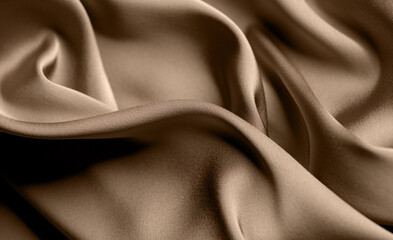 Silk, satin background. Chocolate brown color silk backdrop, folds, texture of beautiful dark beige satin fabric close-up. Abstract smooth elegant drapery folds. Top view