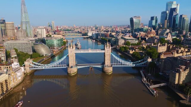 London Skyline Aerial Cityscape Flythrough Over River Thames Towards Tower Bridge