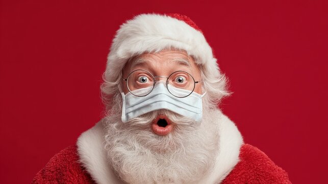 close up portrait of funny old bearded surprised santa claus wearing costume glasses face mask looking at camera standing on christmas red background covid 19 coronavirus safety protection concept no