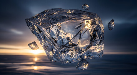 A large, jagged piece of ice floats midair with smaller ice fragments nearby.