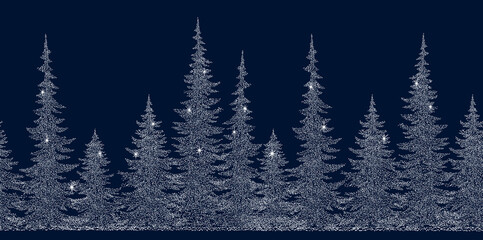 Winter landscape background with fir trees made of white dots. Frosty winter night in a coniferous forest © is1003